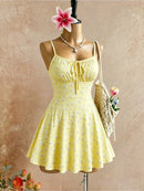 Vestido Mini Canelado Floral com Amarração