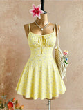 Vestido Mini Canelado Floral com Amarração