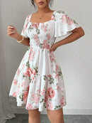 Vestido Casual Floral com Babados e Manga Curta