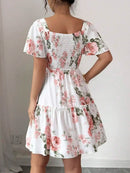 Vestido Casual Floral com Babados e Manga Curta