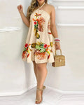 Vestido Boho Floral Decote Halter Costas Nuas