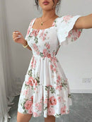 Vestido Casual Floral com Babados e Manga Curta
