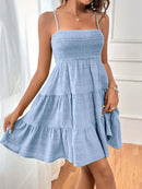 Vestido Mini Azul com Alças Finas e Babados