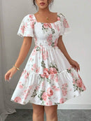 Vestido Casual Floral com Babados e Manga Curta
