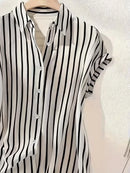 Camisa Social Feminina Listrada Ombro Caído