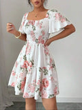 Vestido Casual Floral com Babados e Manga Curta