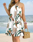 Vestido Boho Floral Decote Halter Costas Nuas